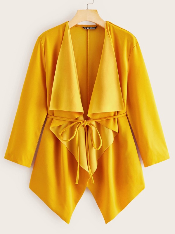 

Waterfall Collar Asymmetrical Hem Belted Coat, Yellow
