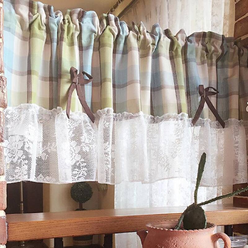 

Plaid Pattern Lace Trim Curtain