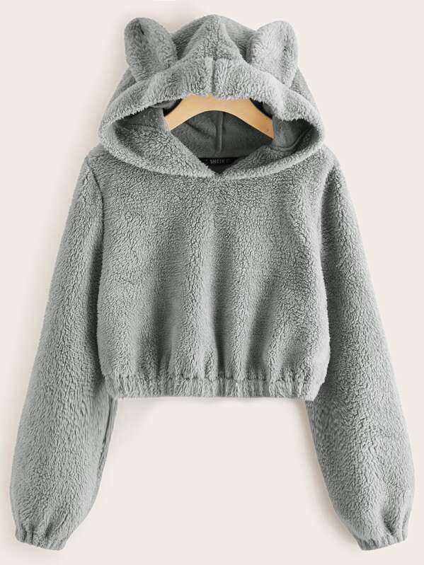 

Solid Teddy Ear Hoodie, Grey