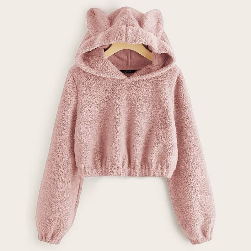 

Lantern Sleeve Teddy Hoodie With Ears, Pink pastel