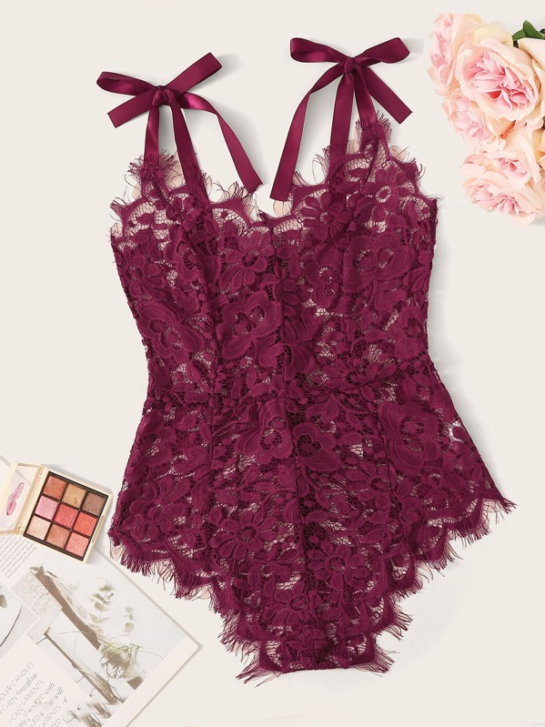 

Floral Lace Tie Shoulder Teddy Bodysuit, Burgundy