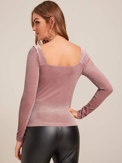 Sweetheart Neck Rib-knit Velvet Tee