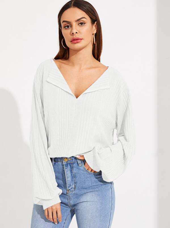 

Solid Drop Shoulder Rib-knit Top, White, Andy