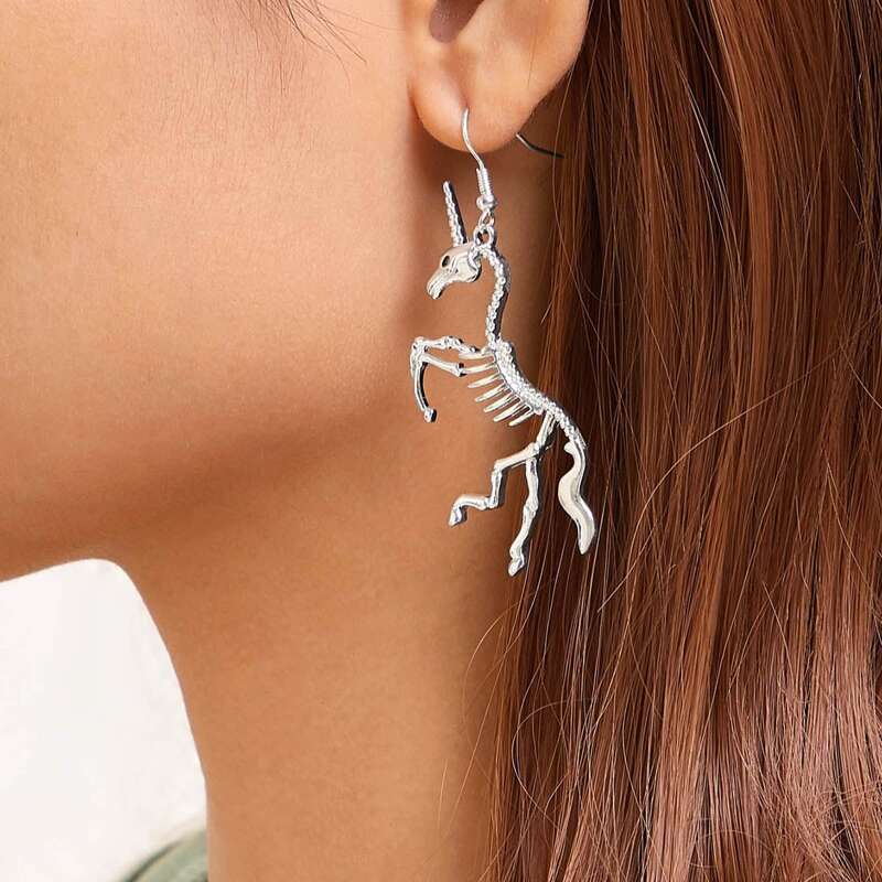 

1pair Unicorn Skeleton Drop Earrings, Silver