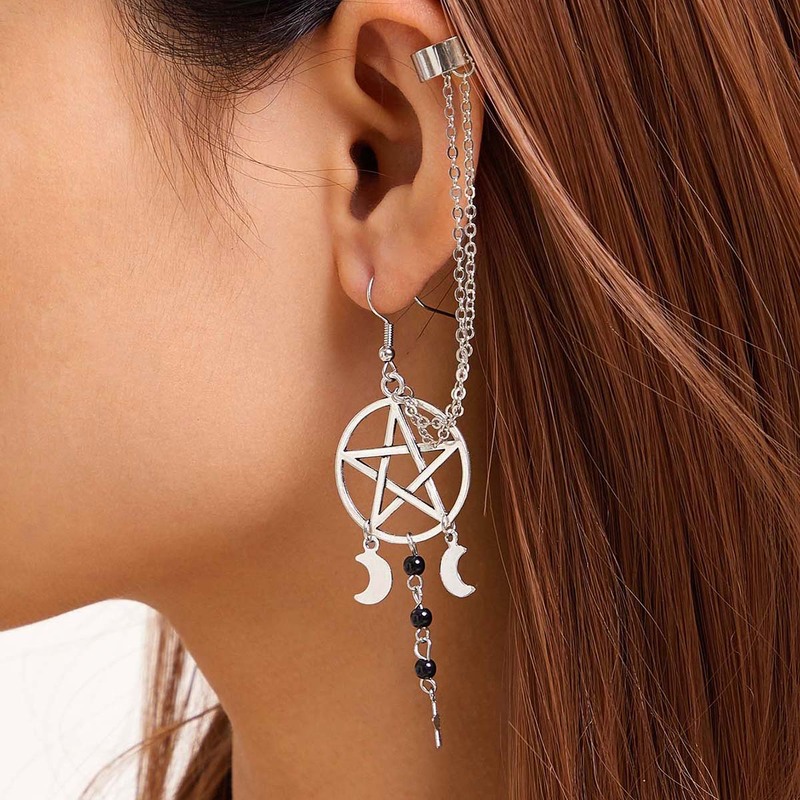 

1pair Star & Moon Drop Earrings With Ear Clip, Silver