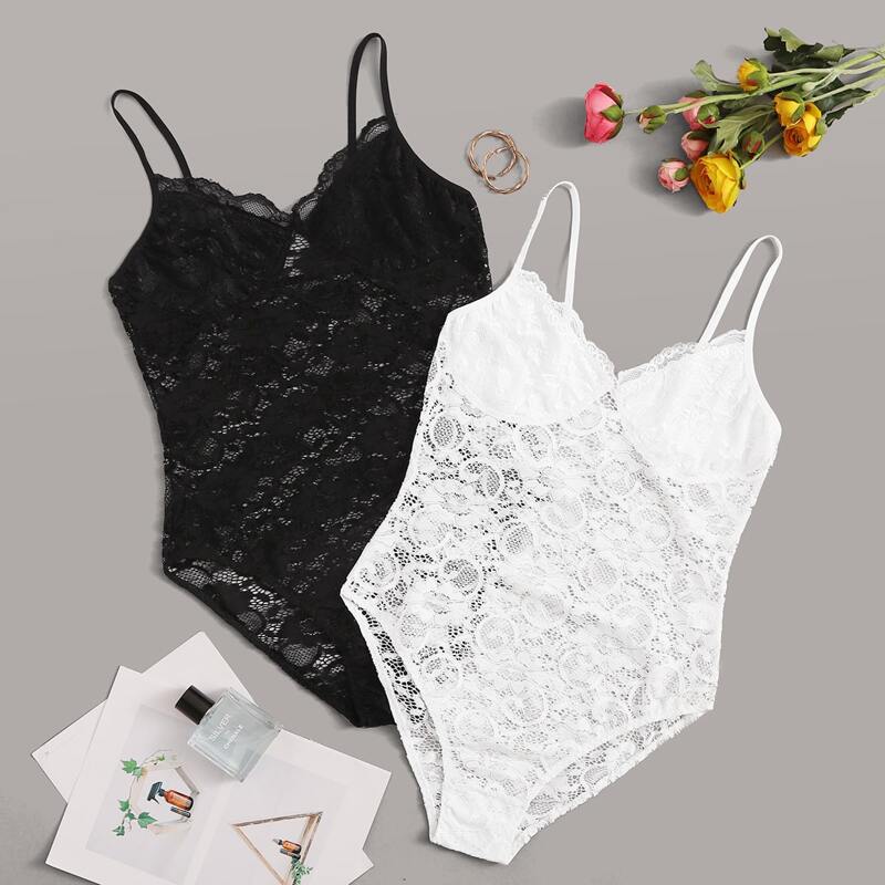 

2pack Floral Lace Teddy Bodysuit, Black and white