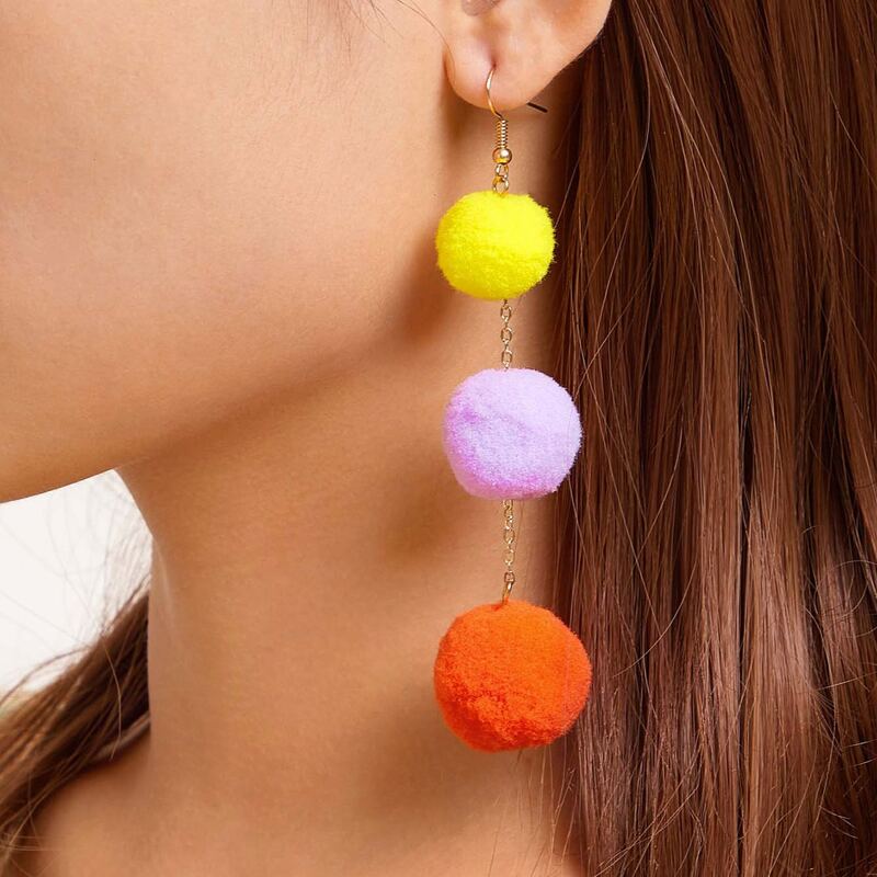 

1pair Colorful Pom Pom Drop Earrings, Multicolor