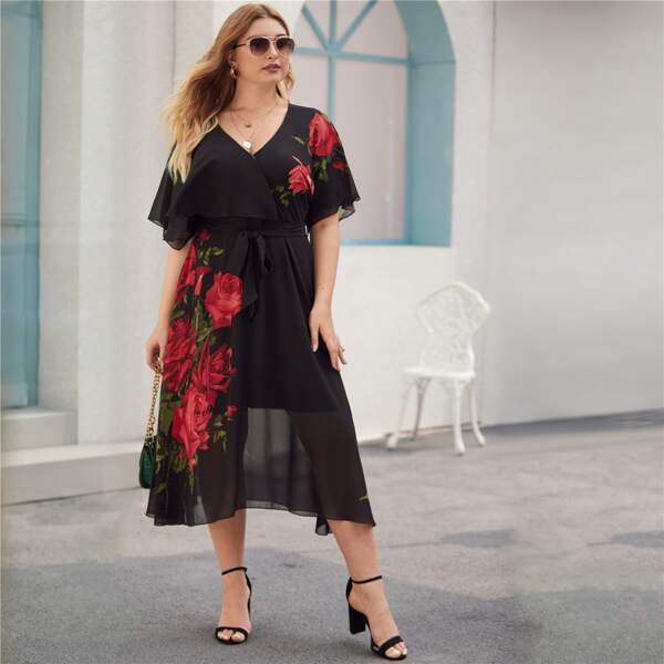 

Plus Floral Print Self Tie A-line Dress, Black
