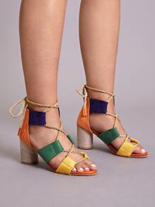 Color Block Lace-up Back Chunky Heels - Multicolor - View 1