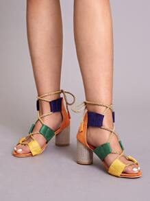 Color Block Lace-up Back Chunky Heels - Multicolor - View 2