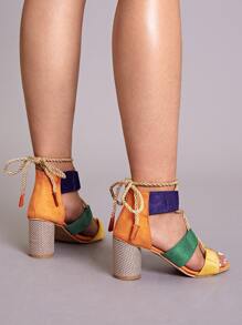 Color Block Lace-up Back Chunky Heels - Multicolor - View 4