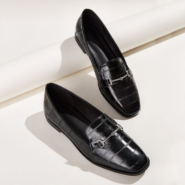 

Metal Decor Square Toe Flat Loafers, Black