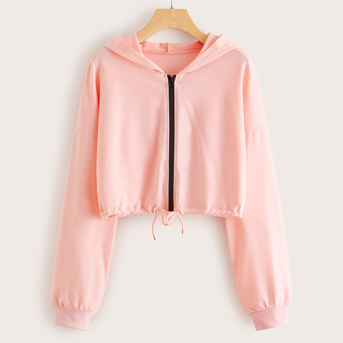 

Zip-up Drawstring Hem Crop Hoodie, Pink