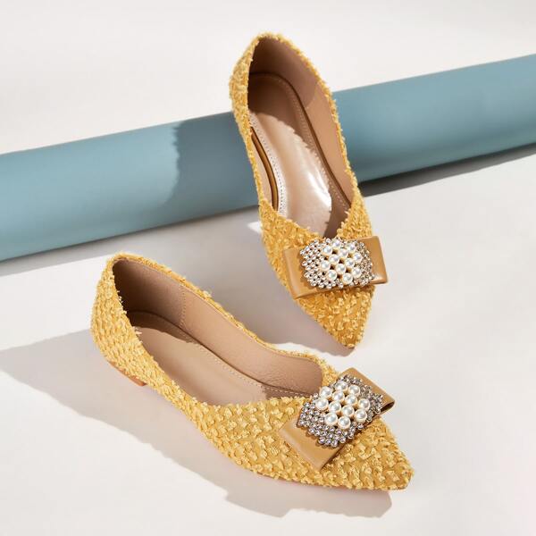 

Faux Pearl & Rhinestone Decor Point Toe Flats, Yellow