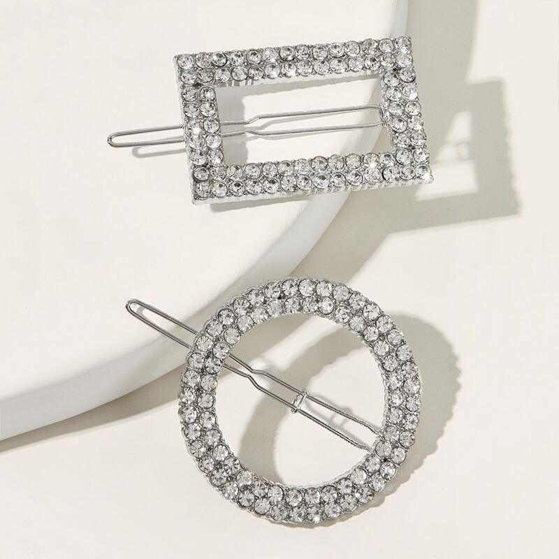 

2pcs Rhinestone Engraved Geometric Decor Hair Clip, Silver