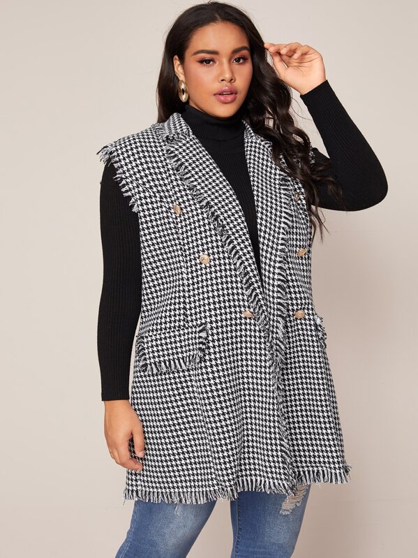 

Plus Fringe Trim Houndstooth Tweed Blazer Vest, Black and white, Emilie