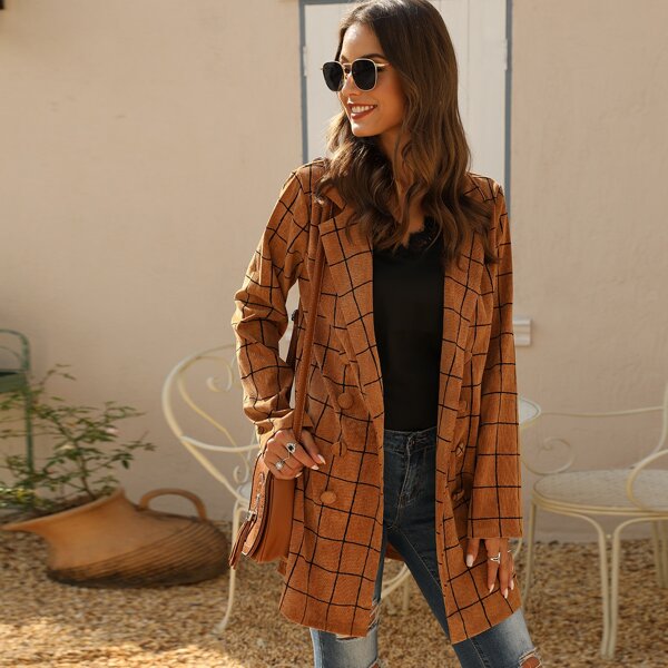 

Lapel Neck Windowpane Check Corduroy Coat, Brown