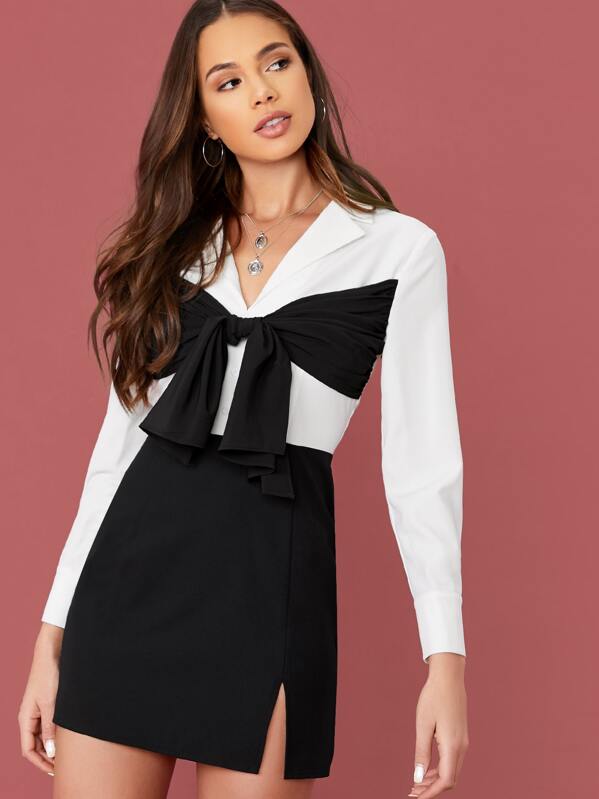 

Notch Collar Tie Front Two Tone Split Hem Dress, Black and white, Julia Peres