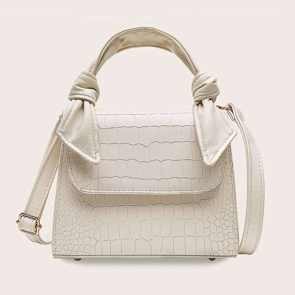 

Croc Embossed Flap Satchel Bag, White