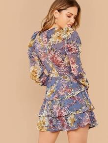 SHEIN 滿版植物圖案羊腿袖多層下擺連衣裙 - 彩色 - 查看 2