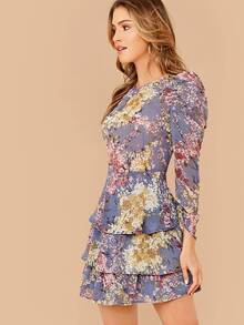 SHEIN 滿版植物圖案羊腿袖多層下擺連衣裙 - 彩色 - 查看 3