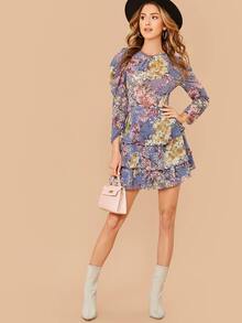 SHEIN 滿版植物圖案羊腿袖多層下擺連衣裙 - 彩色 - 查看 4