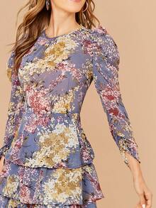 SHEIN 滿版植物圖案羊腿袖多層下擺連衣裙 - 彩色 - 查看 5