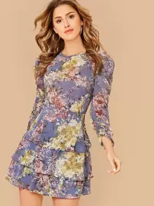 SHEIN 滿版植物圖案羊腿袖多層下擺連衣裙 - 彩色 - 查看 1