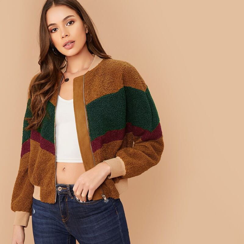 

Zip Up Color Block Teddy Bomber Jacket, Multicolor