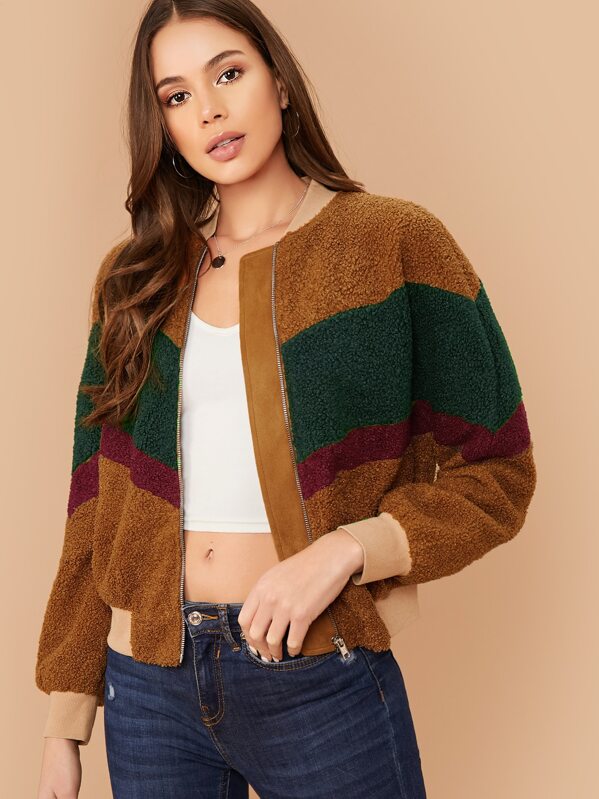 

Zip Up Color Block Teddy Bomber Jacket, Multicolor, Julia Peres