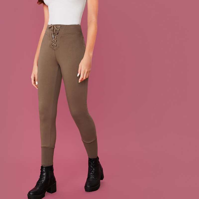

Lace-up Waist Solid Skinny Joggers, Khaki