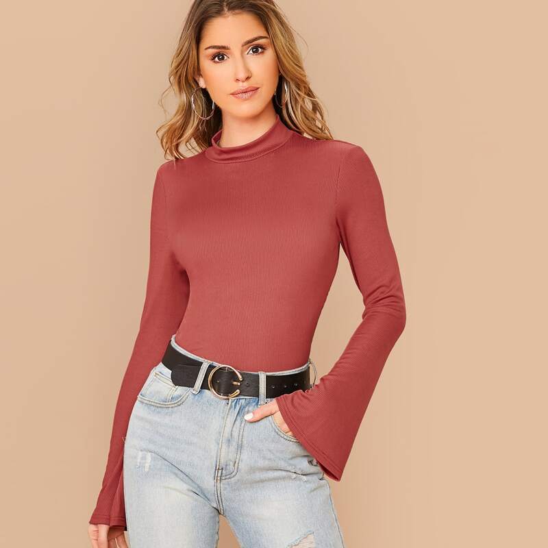 

Mock-Neck Bell Sleeve Rib-knit Top, Red