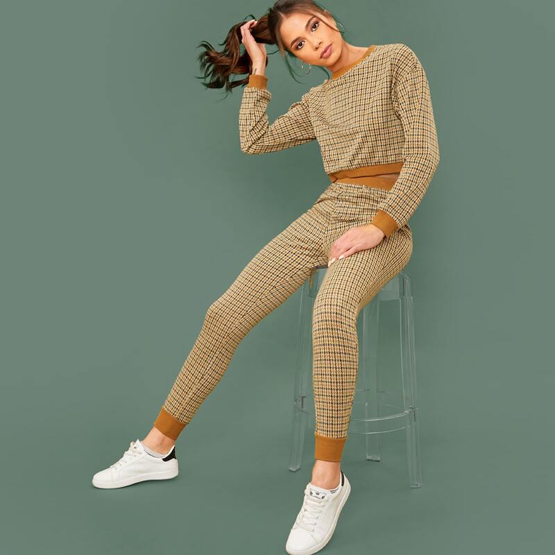 

Solid Trim Houndstooth Pullover and Joggers Set, Multicolor