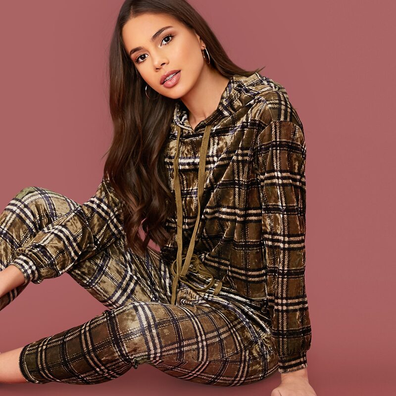

Plaid Velvet Drawstring Hoodie & Pants Set, Multicolor
