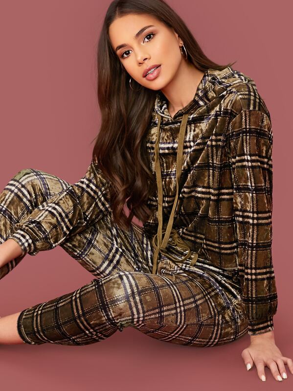 

Plaid Velvet Drawstring Hoodie & Pants Set, Multicolor, Julia Peres