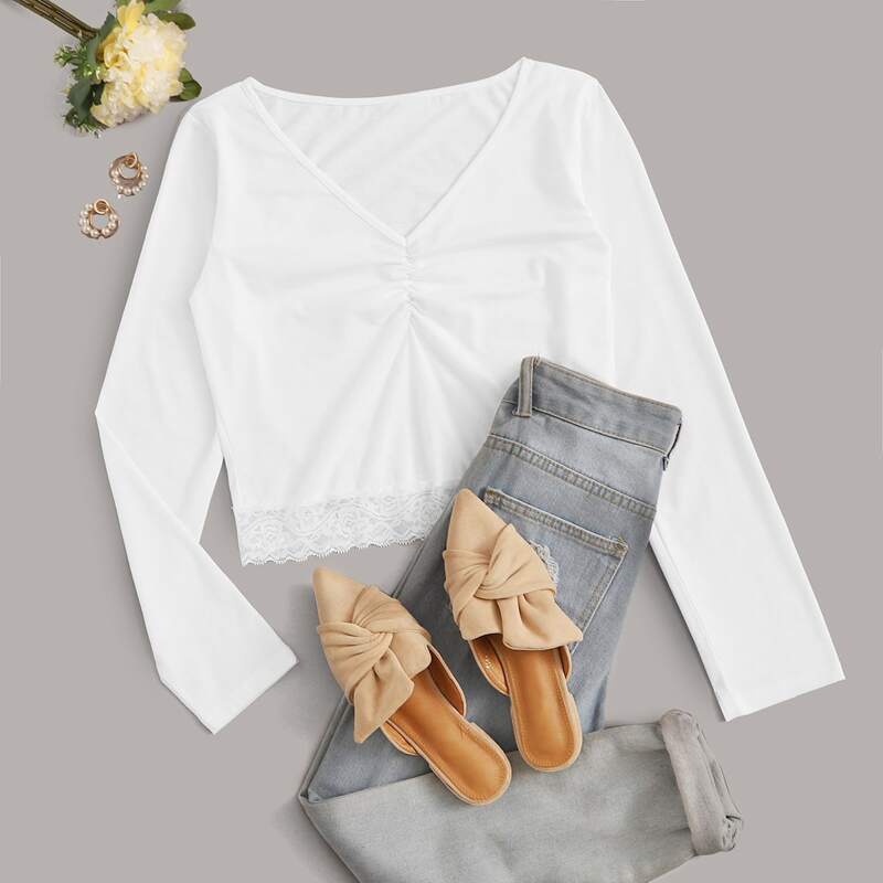 

Contrast Lace V-neck Ruched Tee, White