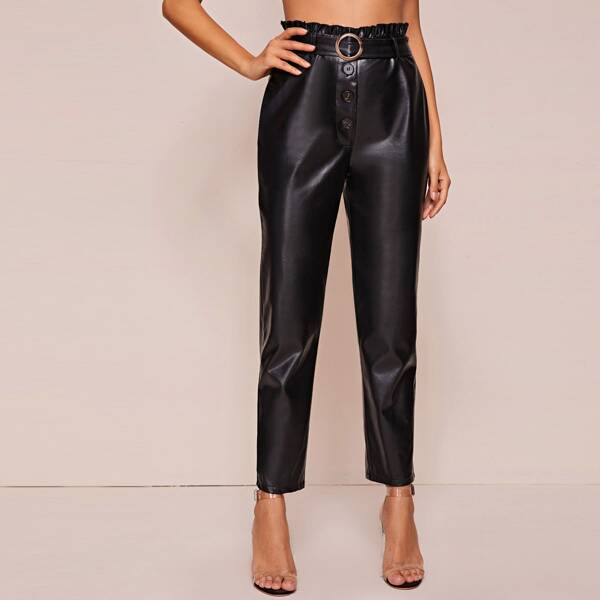 

Paper Bag Waist Belted Faux Leather Tapered Pants, Black