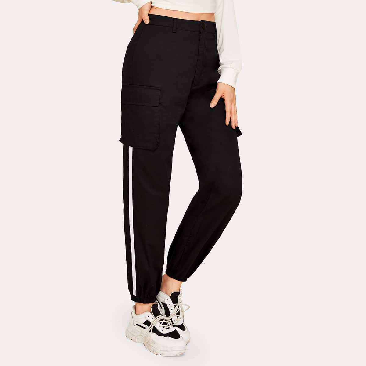 

Flap Pocket Side Tape Cargo Pants, Black