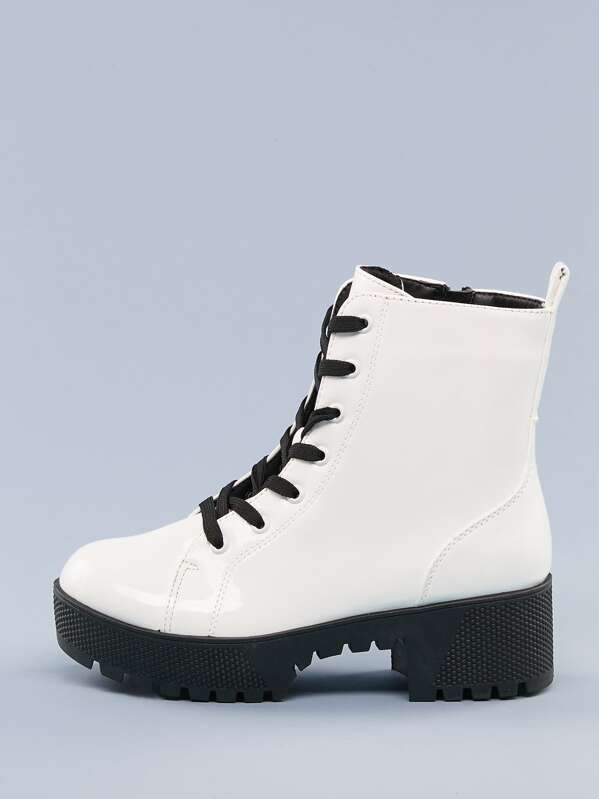 

Lace Up Heavy Sole Block Heel Military Boots, White