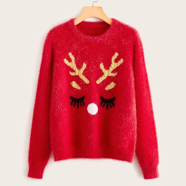 

Cartoon Elk Pattern Fuzzy Sweater, Red bright