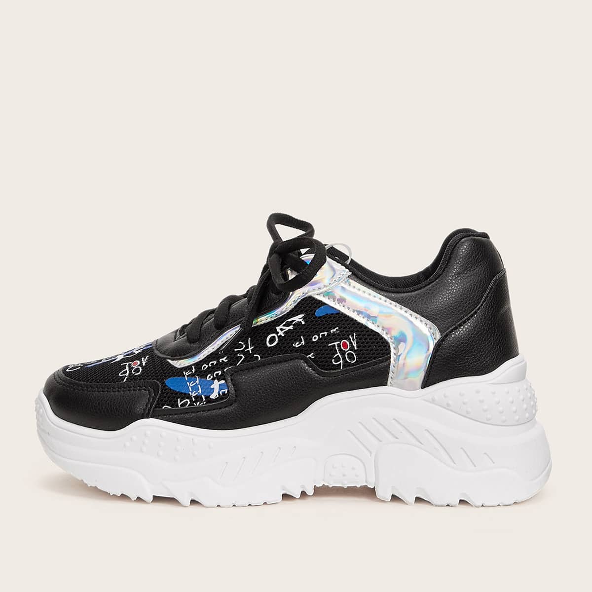 

Holographic Detail Lace-up Front Chunky Sneakers, Black