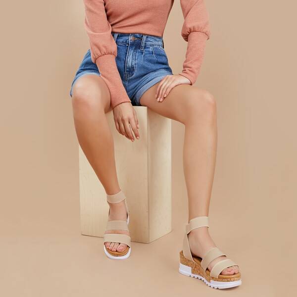 

Elastic Strappy Cork Lug Sole Flatform Sandals, Beige