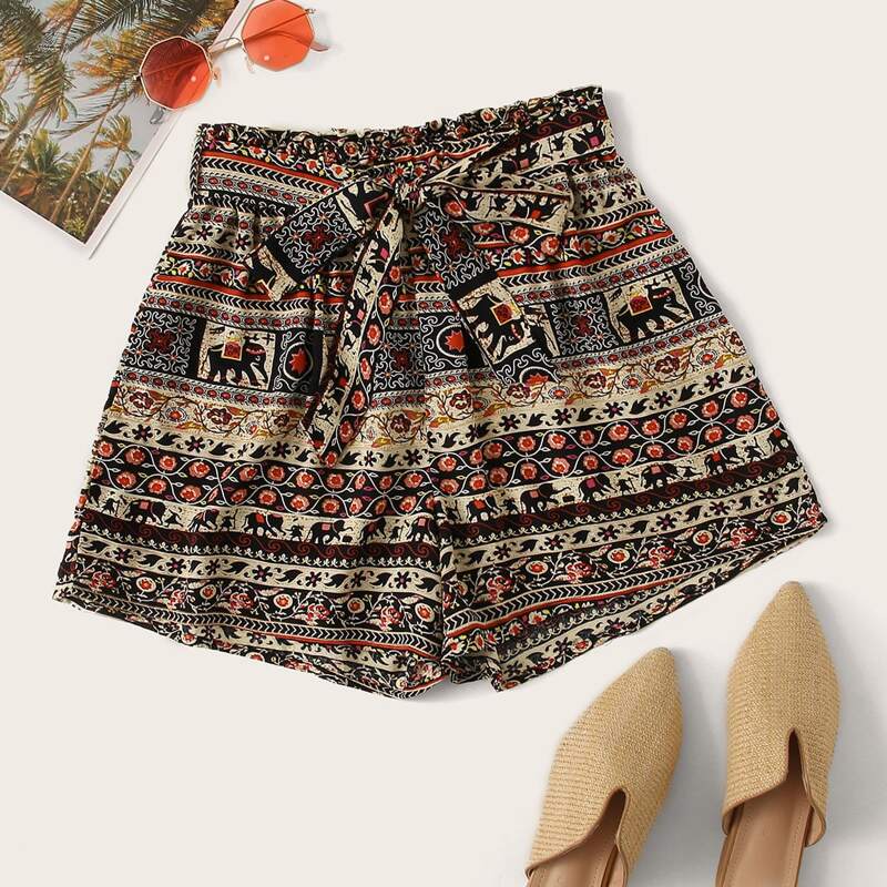 

Tribal & Floral Print Belted Shorts, Multicolor