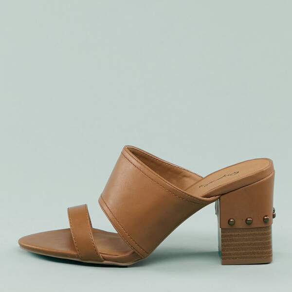 

Open Toe Double Band Studded Stacked Heel Mules, Camel