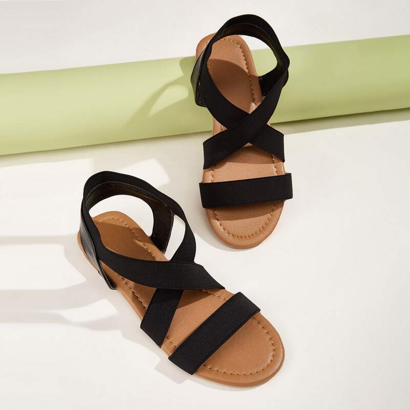 

Elastic Cross Strap Sandals, Black