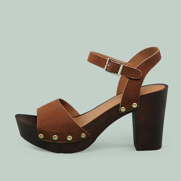 

Studded Detail Wood Platform Block Heel Sandals, Brown