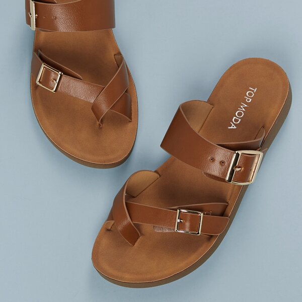 

Toe Loop Double Buckle Band Footbed Slide Sandals, Brown