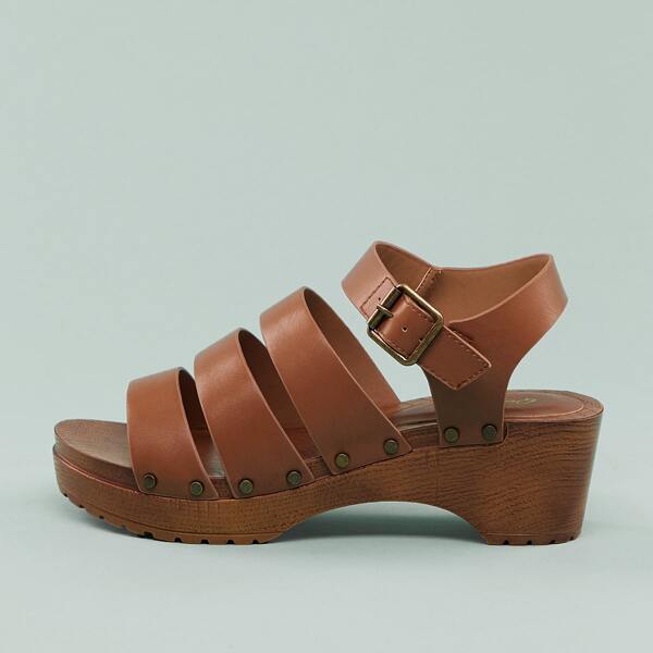

Multi Strap Open Toe Wood Flatform Clog Sandals, Brown