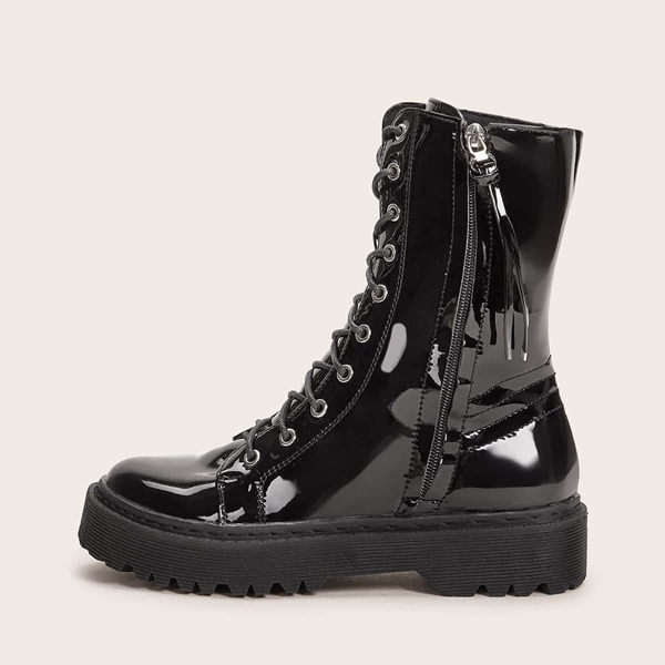 

Lace-up Patent Combat Boots, Black