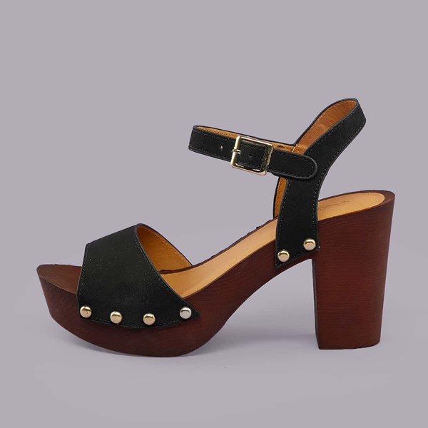 

Buckled Ankle Wood Platform Heeled Sandals, Black